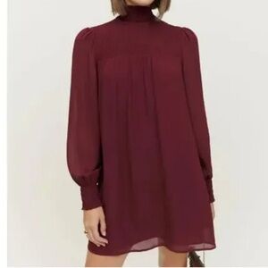 Reformation Burgundy Long Sleeve High Neck Mini Dress